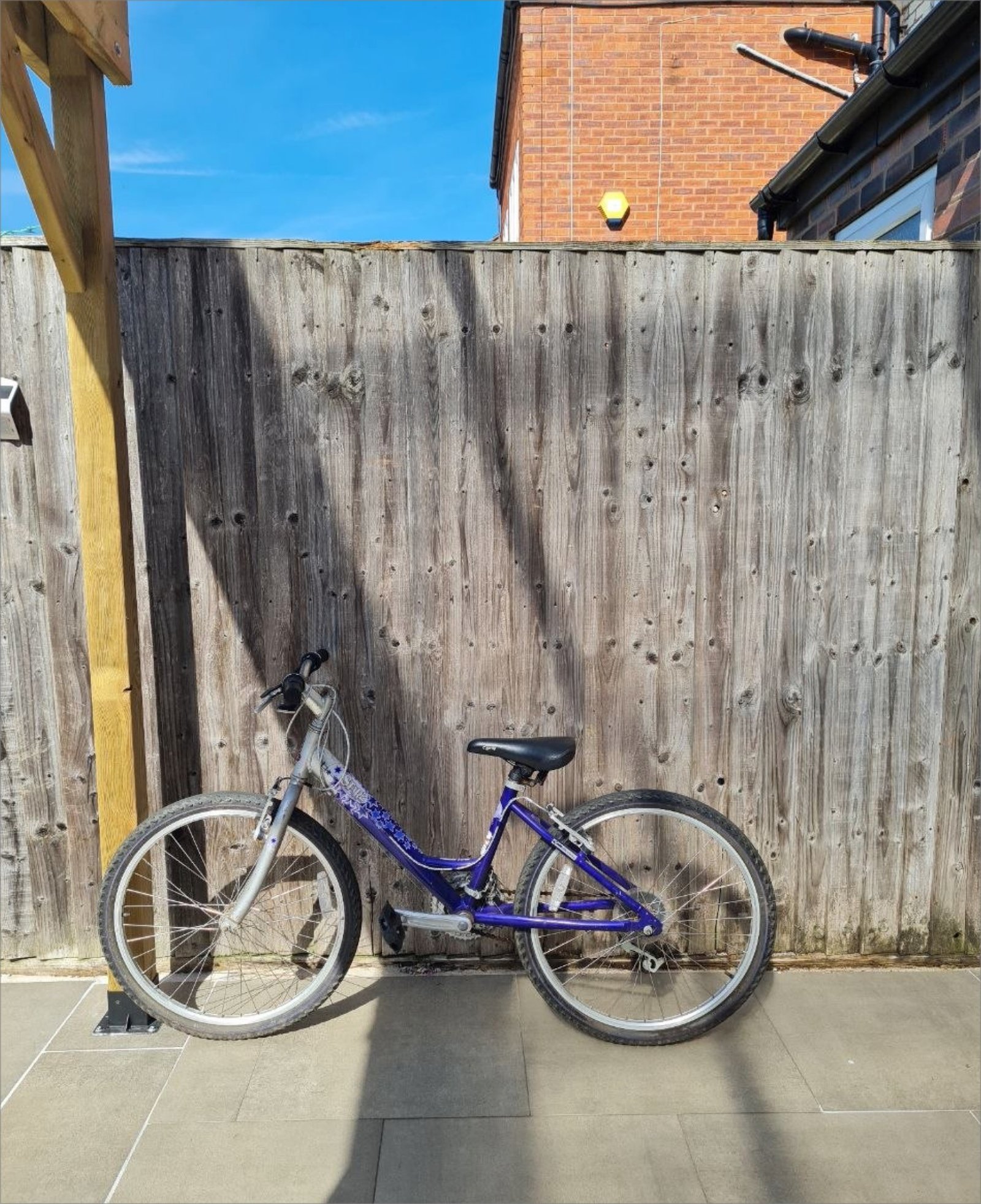 Bike leaning against a weathered wooden fence in a real UK garden