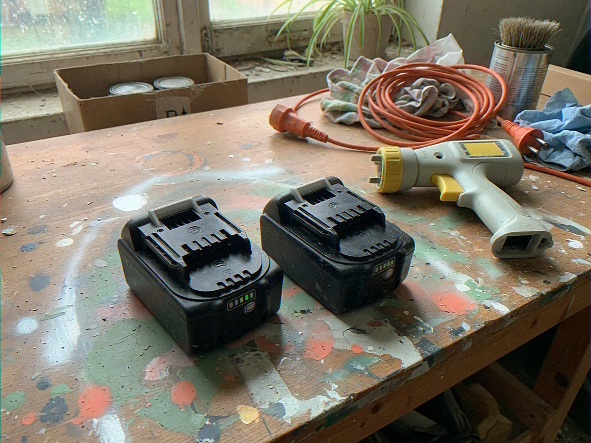 Two cordless batteries and a compact spray gun on a DIY workbench with extension lead coiled unused for cordless fence paint sprayer runtime