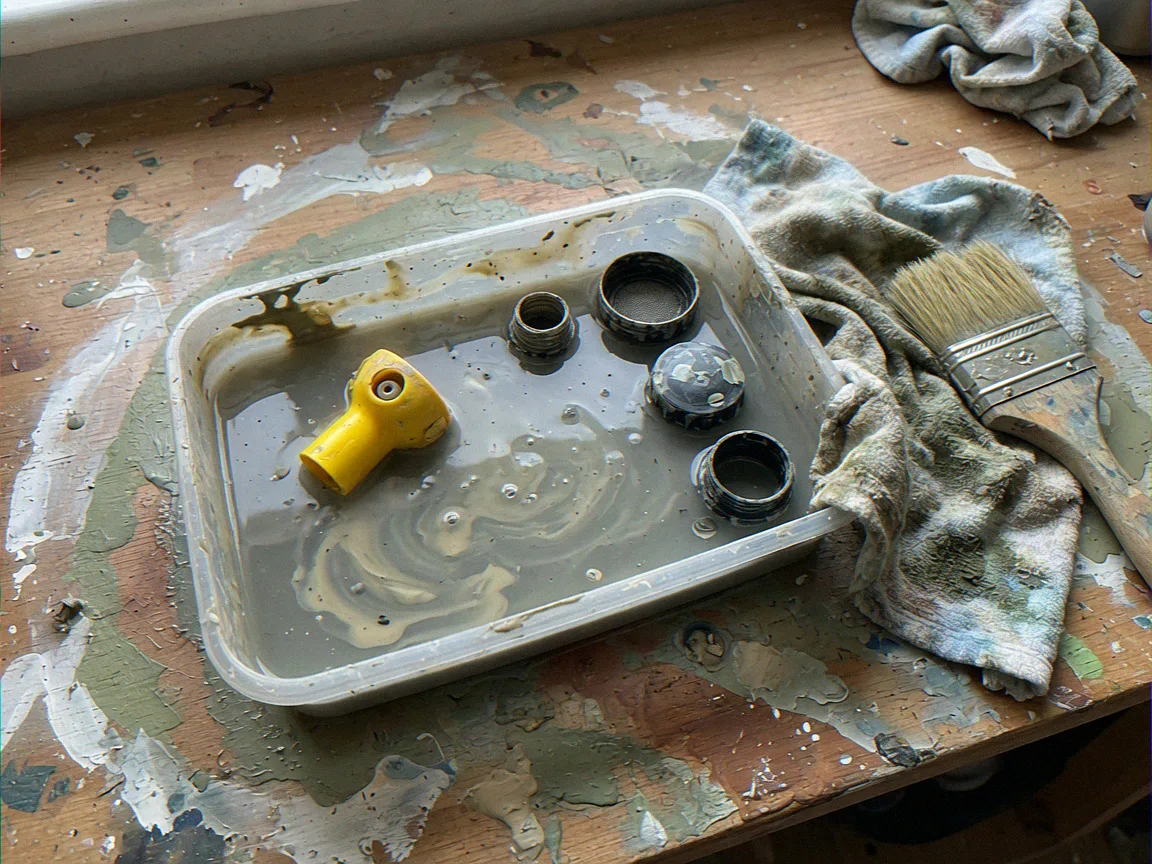 Yellow spray nozzle tip and cup parts soaking in murky water on a DIY workbench after fence paint spraying cleanup