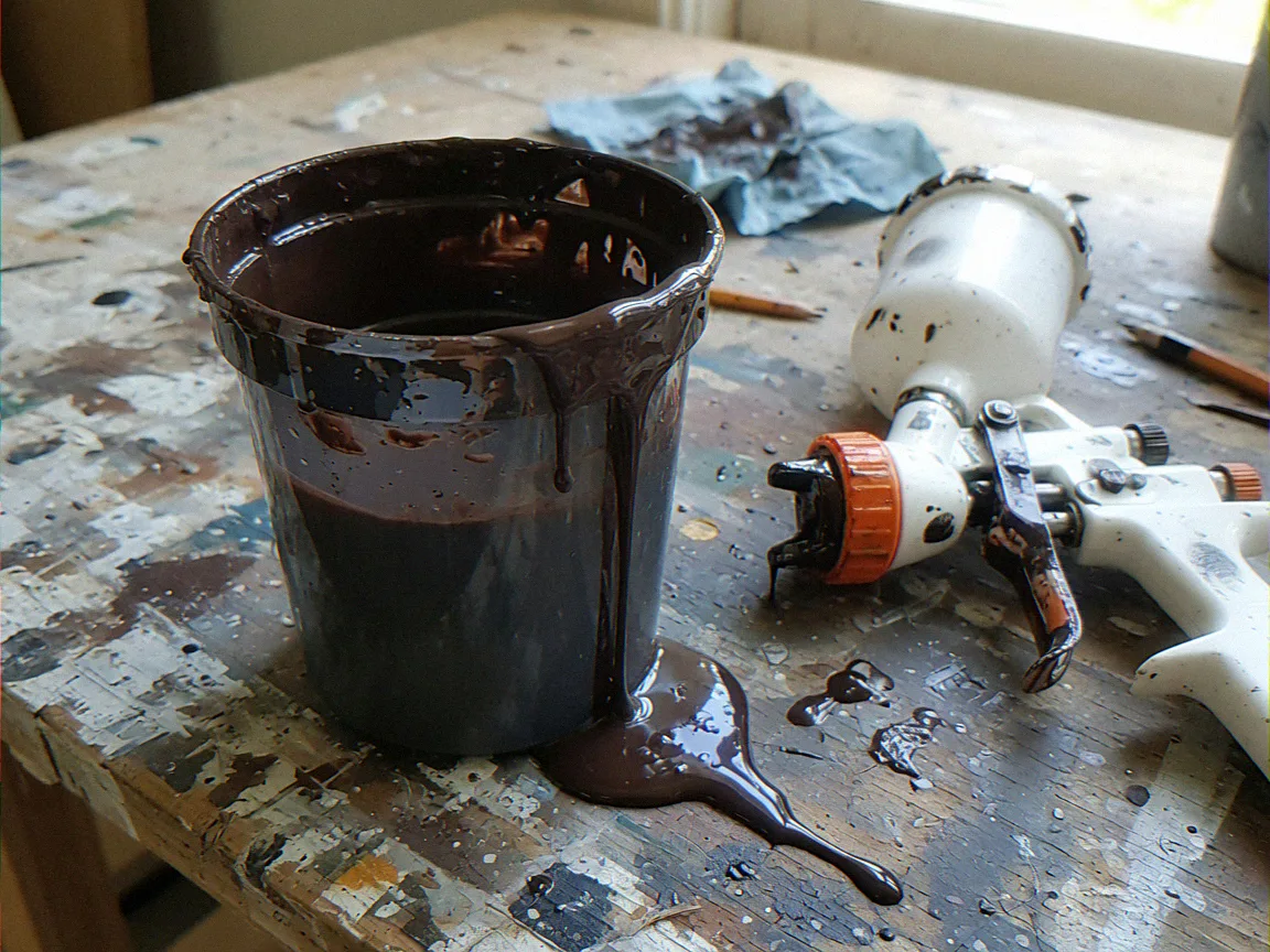 Dark fence paint dripping from an HVLP spray cup on a DIY workbench next to a spray gun for fence paint sprayer flow rate