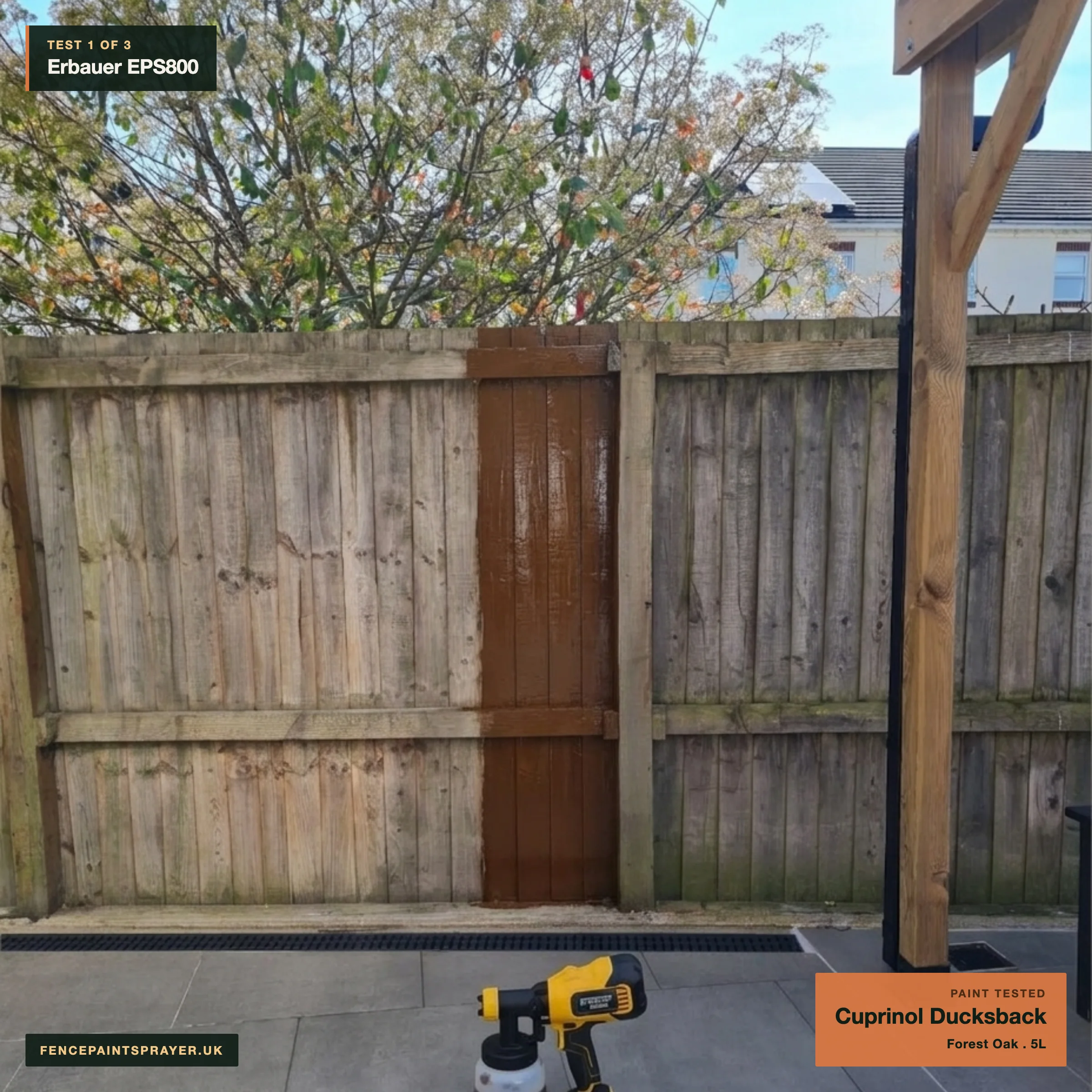 Erbauer EPS800 test strip with Cuprinol Ducksback Forest Oak on the workshop fence