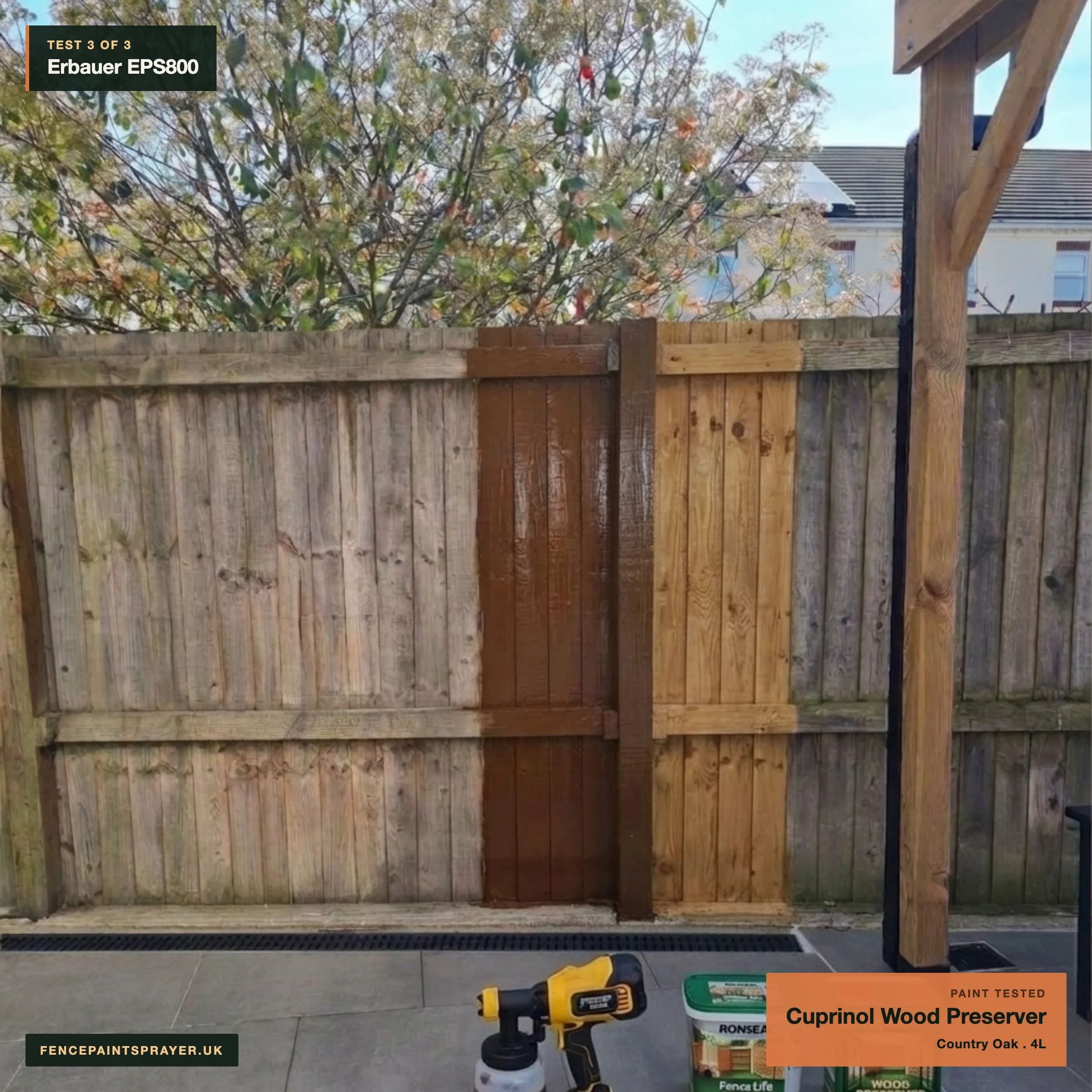 Erbauer EPS800 test strip with Cuprinol Country Oak Wood Preserver