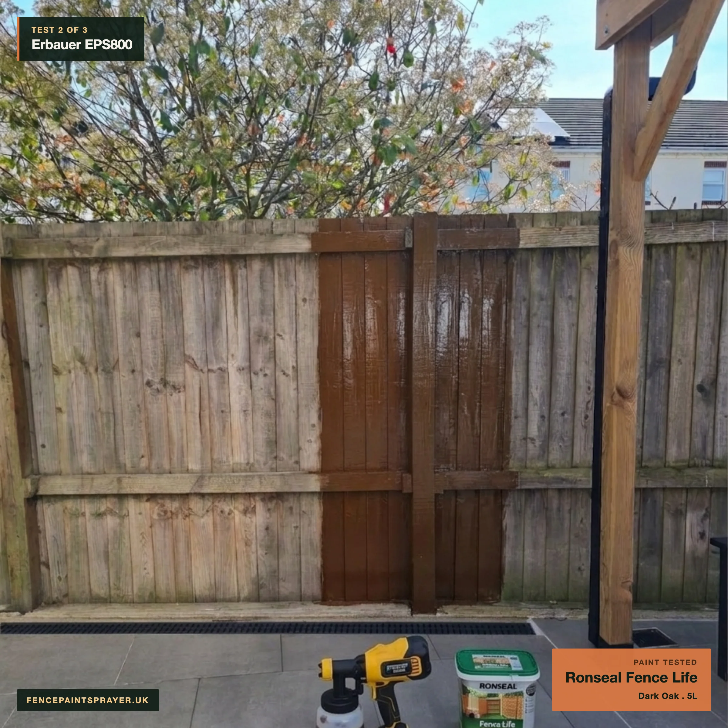 Erbauer EPS800 test strip with Ronseal Fence Life Dark Oak