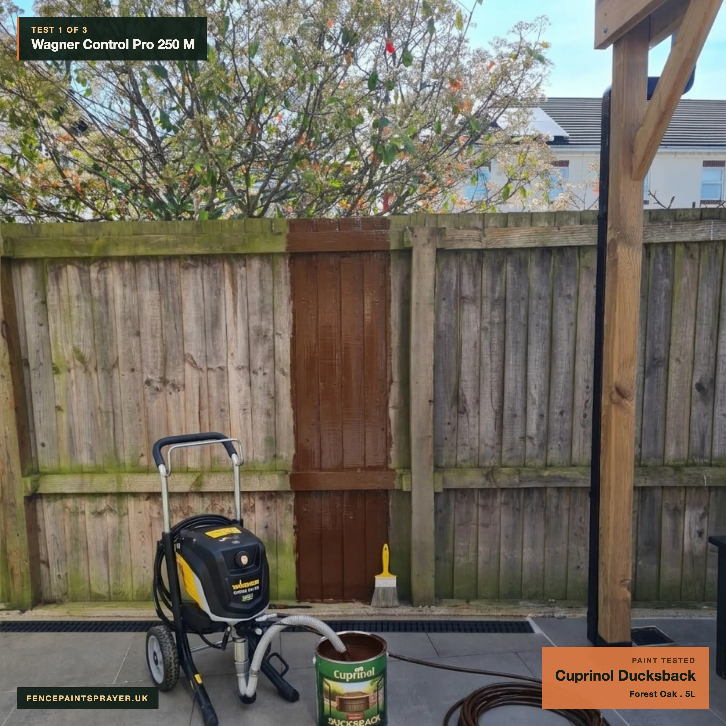 Wagner Control Pro 250 M test strip sprayed with Cuprinol Ducksback on the workshop fence