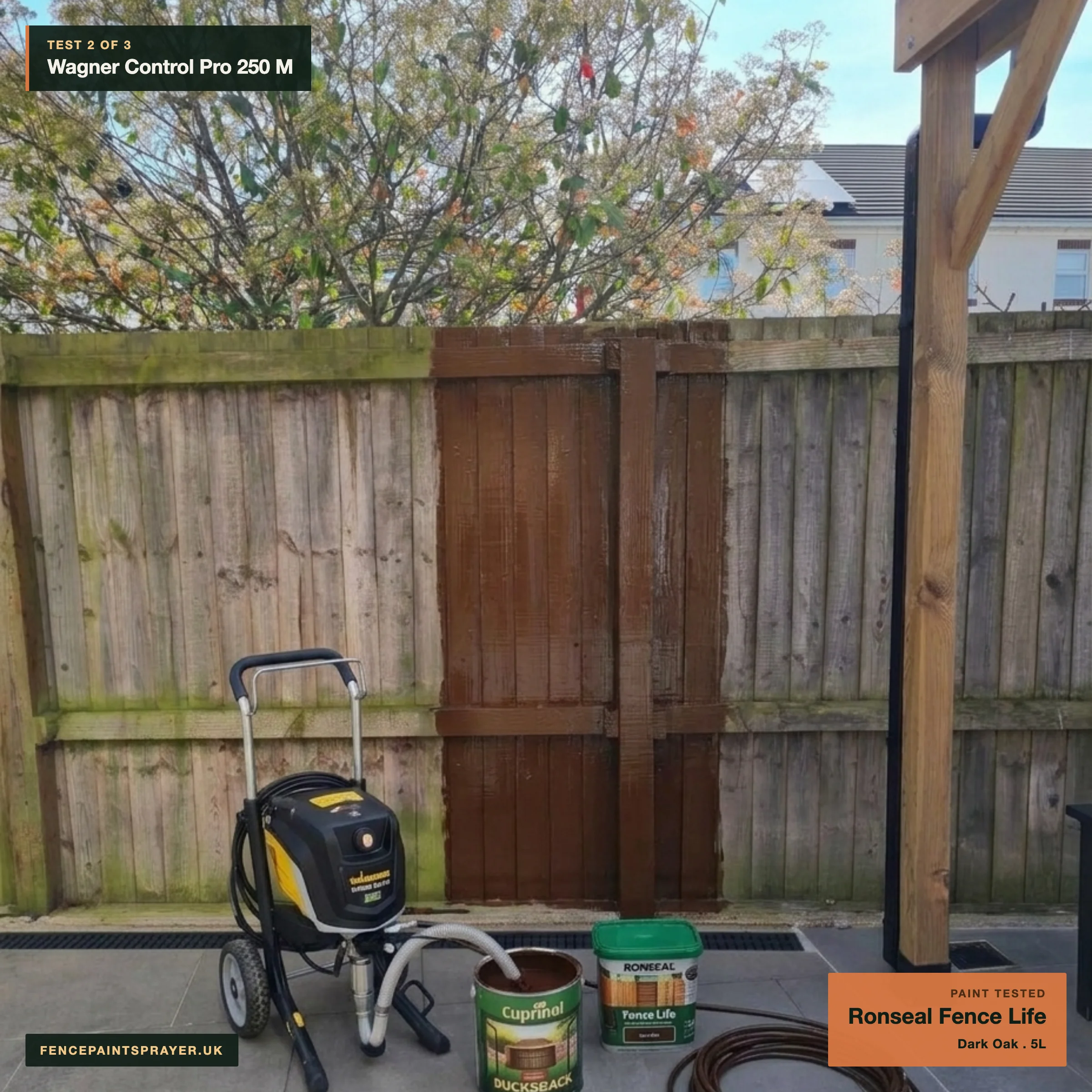 Wagner Control Pro 250 M test strip sprayed with Ronseal Fence Life Dark Oak