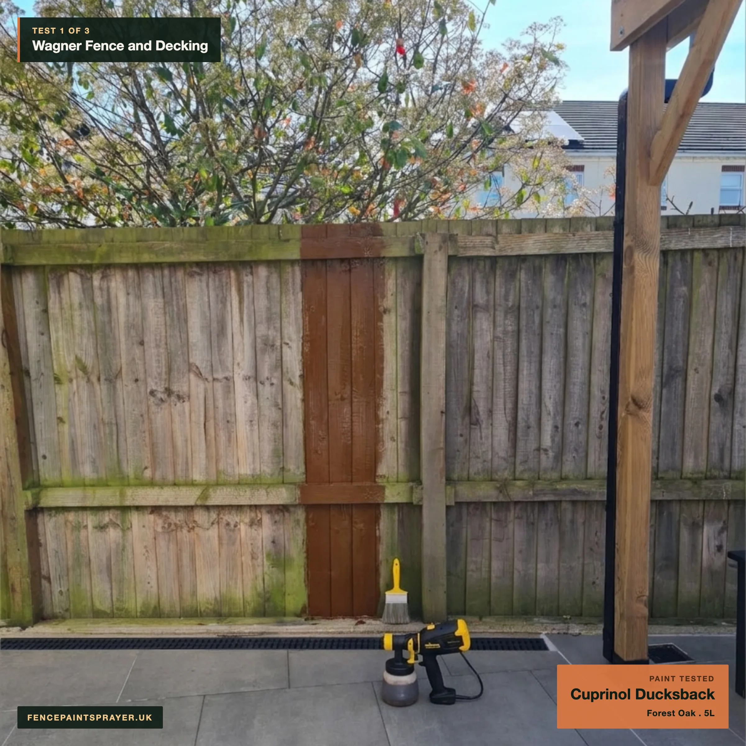 Wagner Fence and Decking Sprayer test strip with Cuprinol Ducksback Forest Oak on the workshop fence