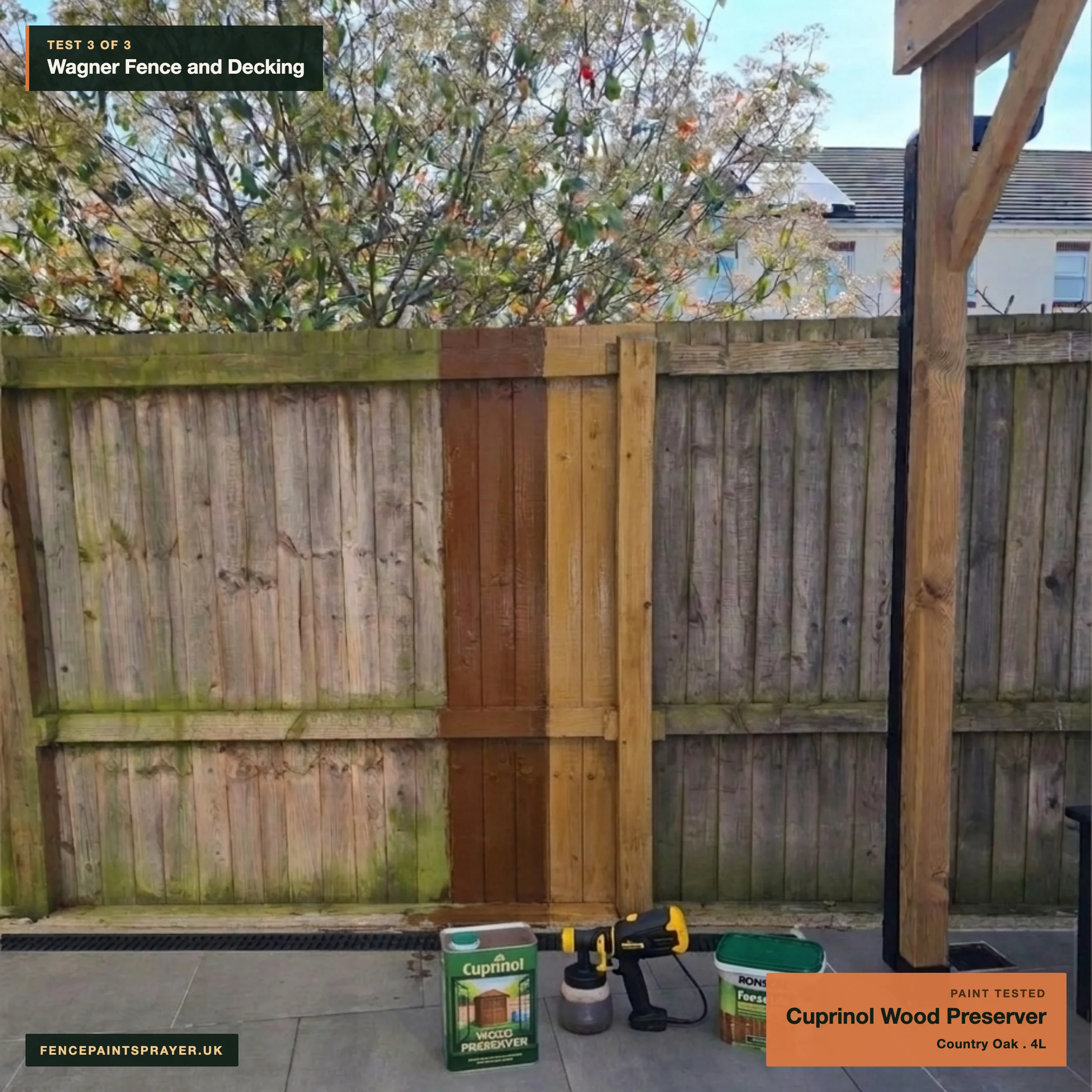 Wagner Fence and Decking Sprayer test strip with Cuprinol Country Oak Wood Preserver