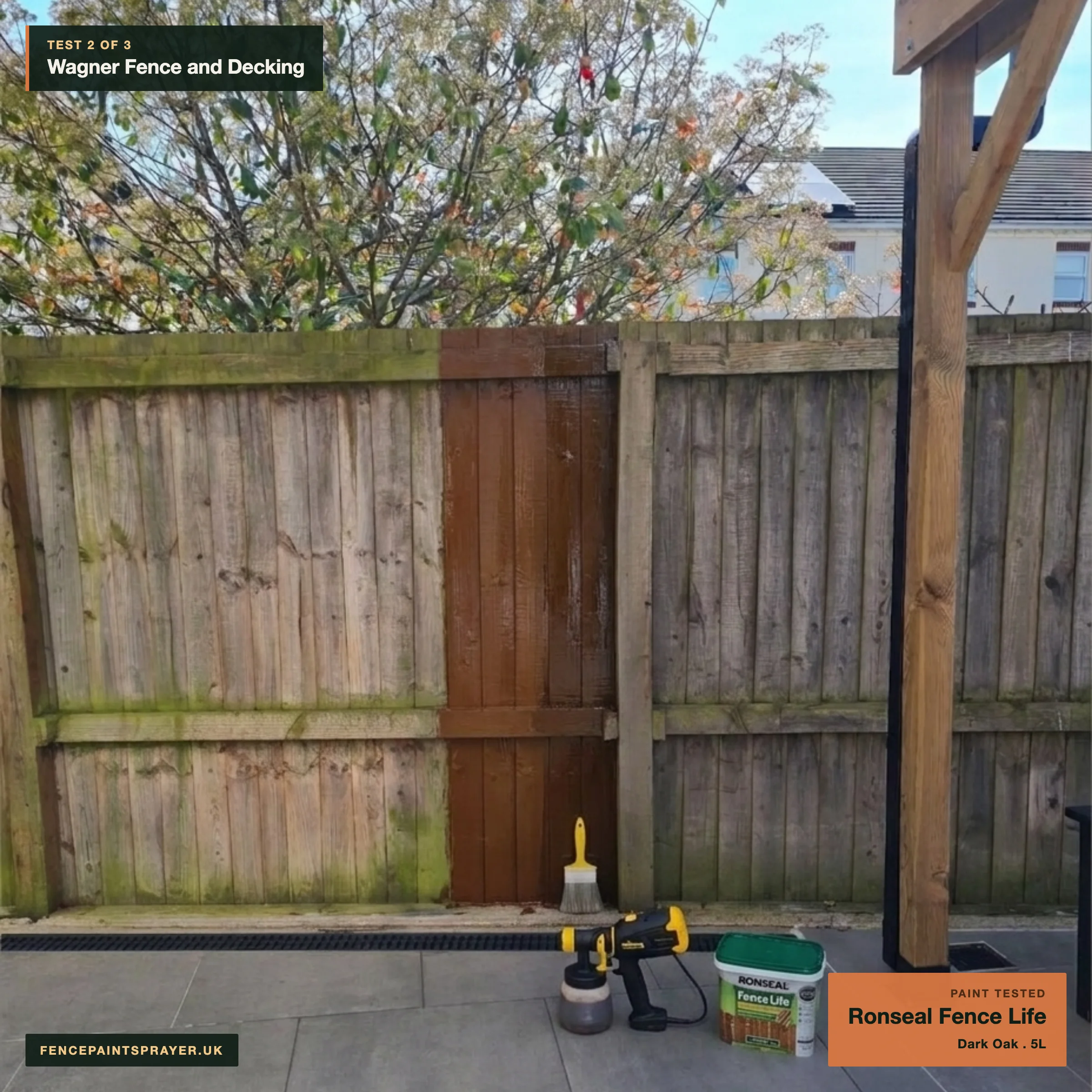 Wagner Fence and Decking Sprayer test strip with Ronseal Fence Life Dark Oak