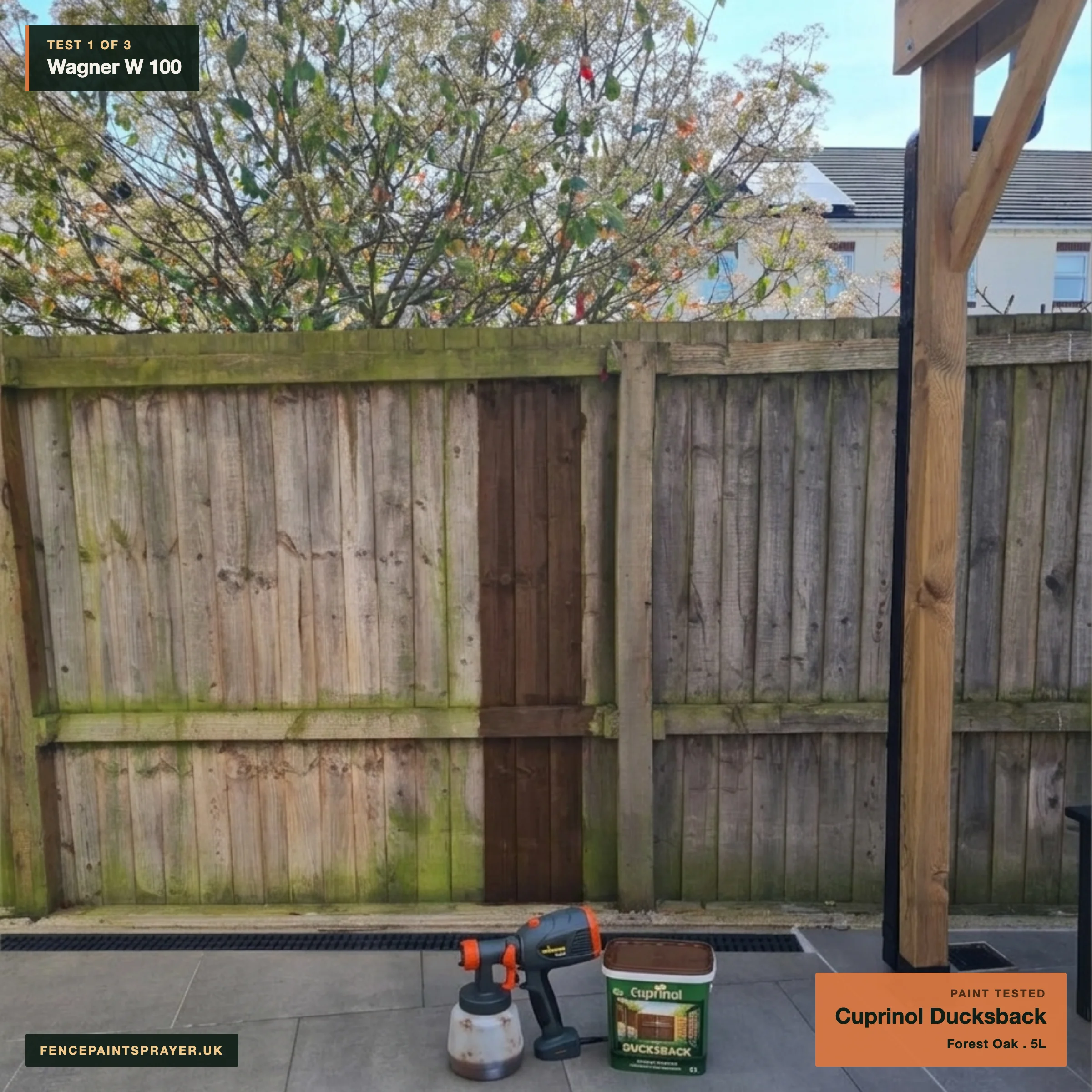 Wagner W 100 test strip sprayed with Cuprinol Ducksback Forest Oak on the workshop fence