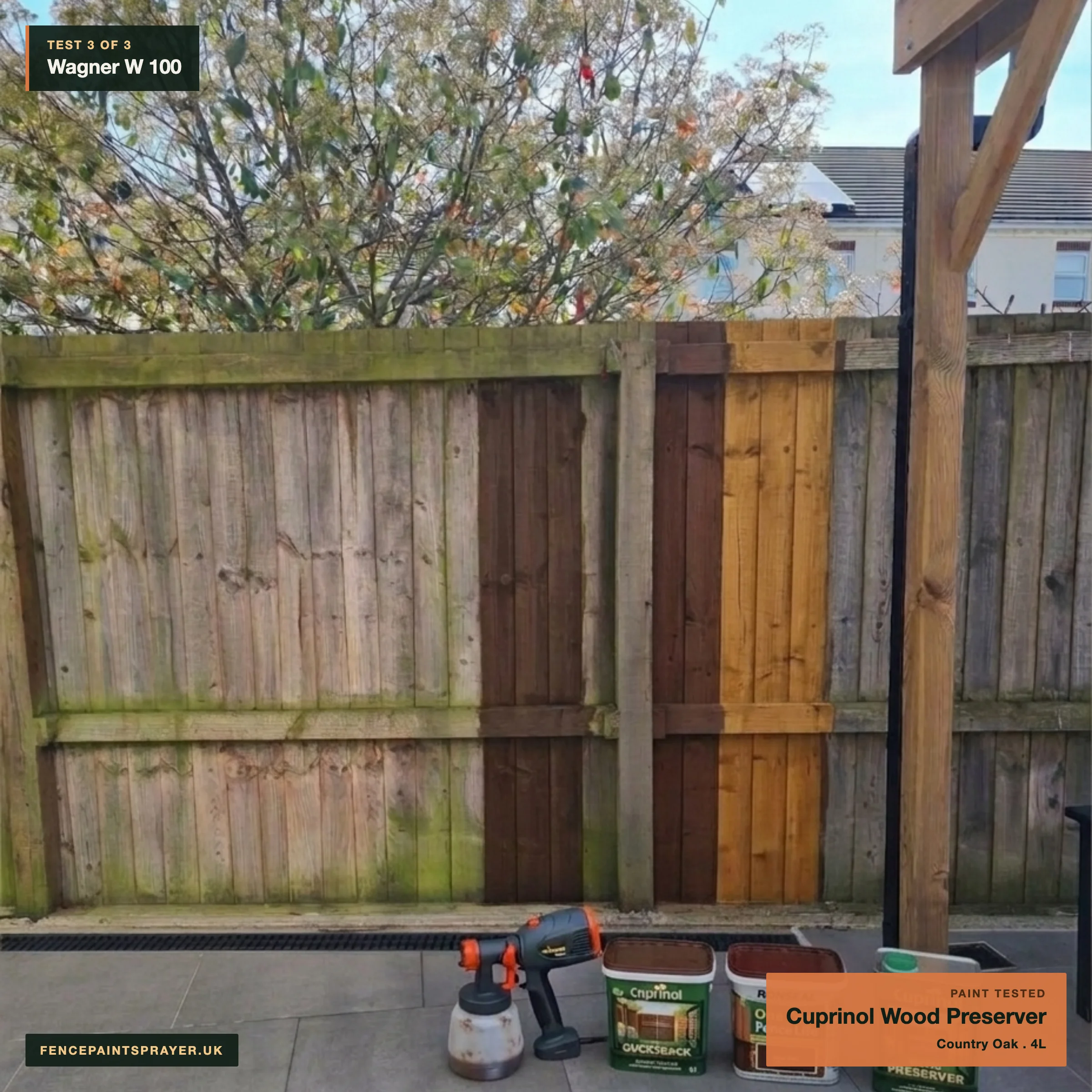 Wagner W 100 test strip sprayed with Cuprinol Country Oak Wood Preserver