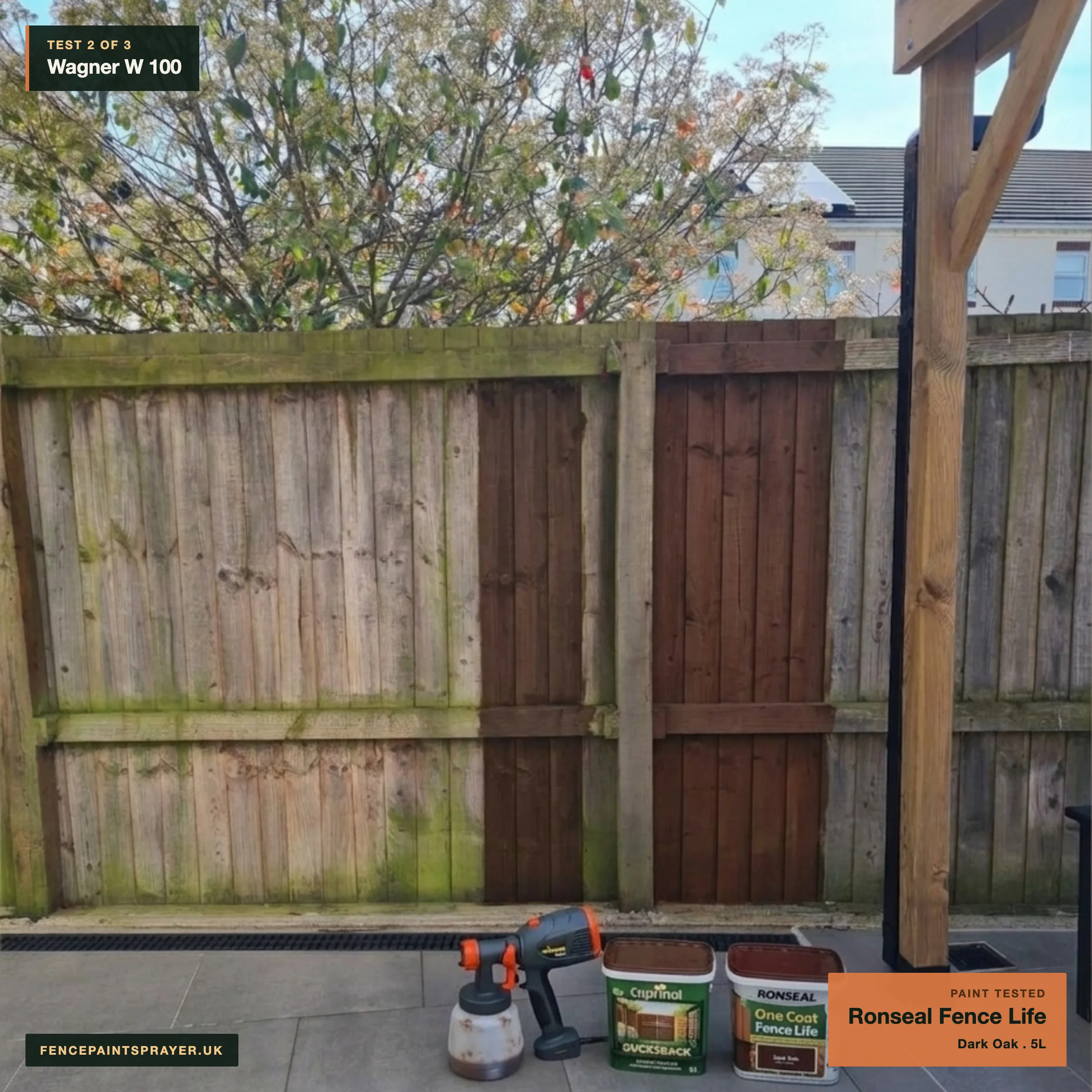 Wagner W 100 test strip sprayed with Ronseal Fence Life Dark Oak