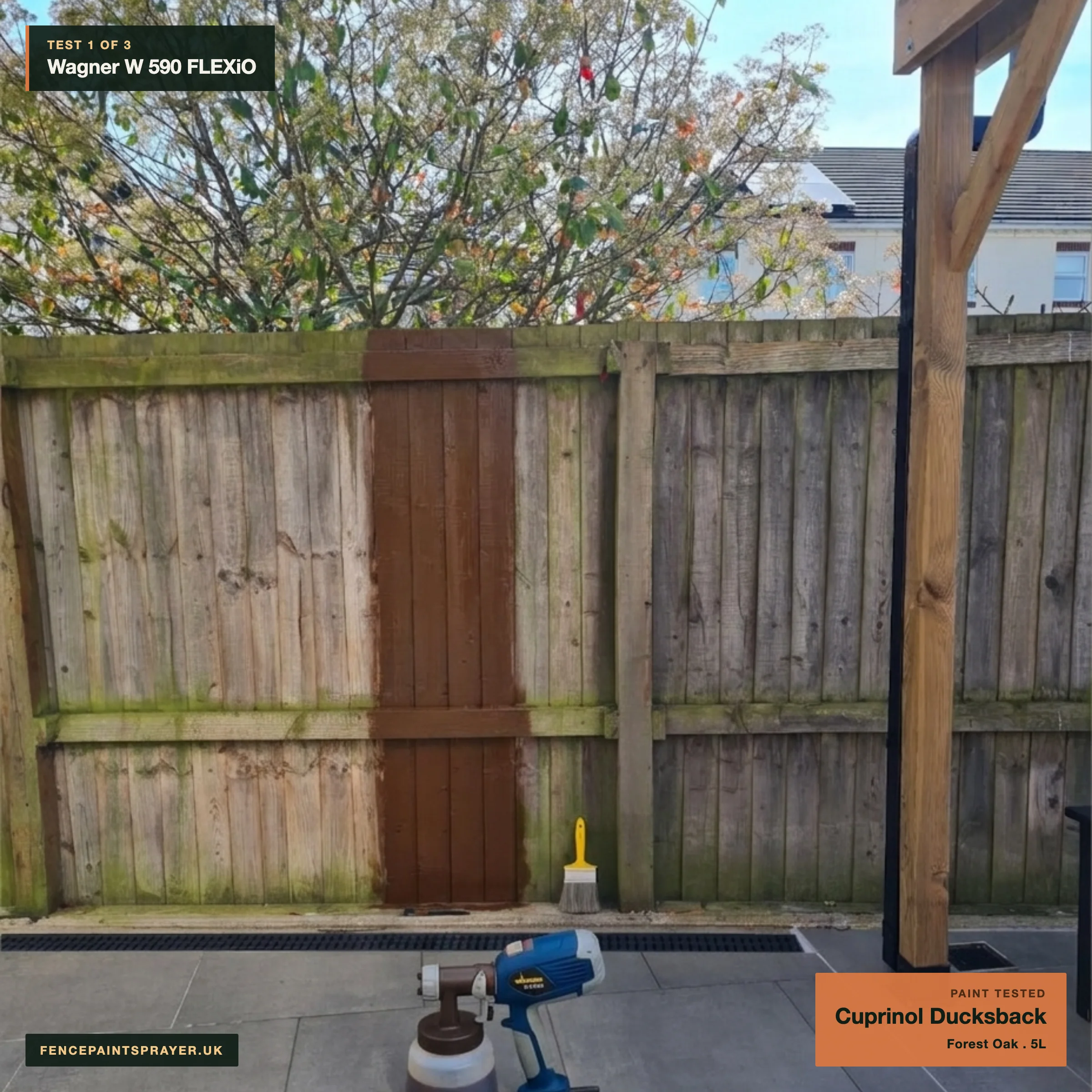 Wagner W 590 FLEXiO test strip sprayed with Cuprinol Ducksback on the workshop fence