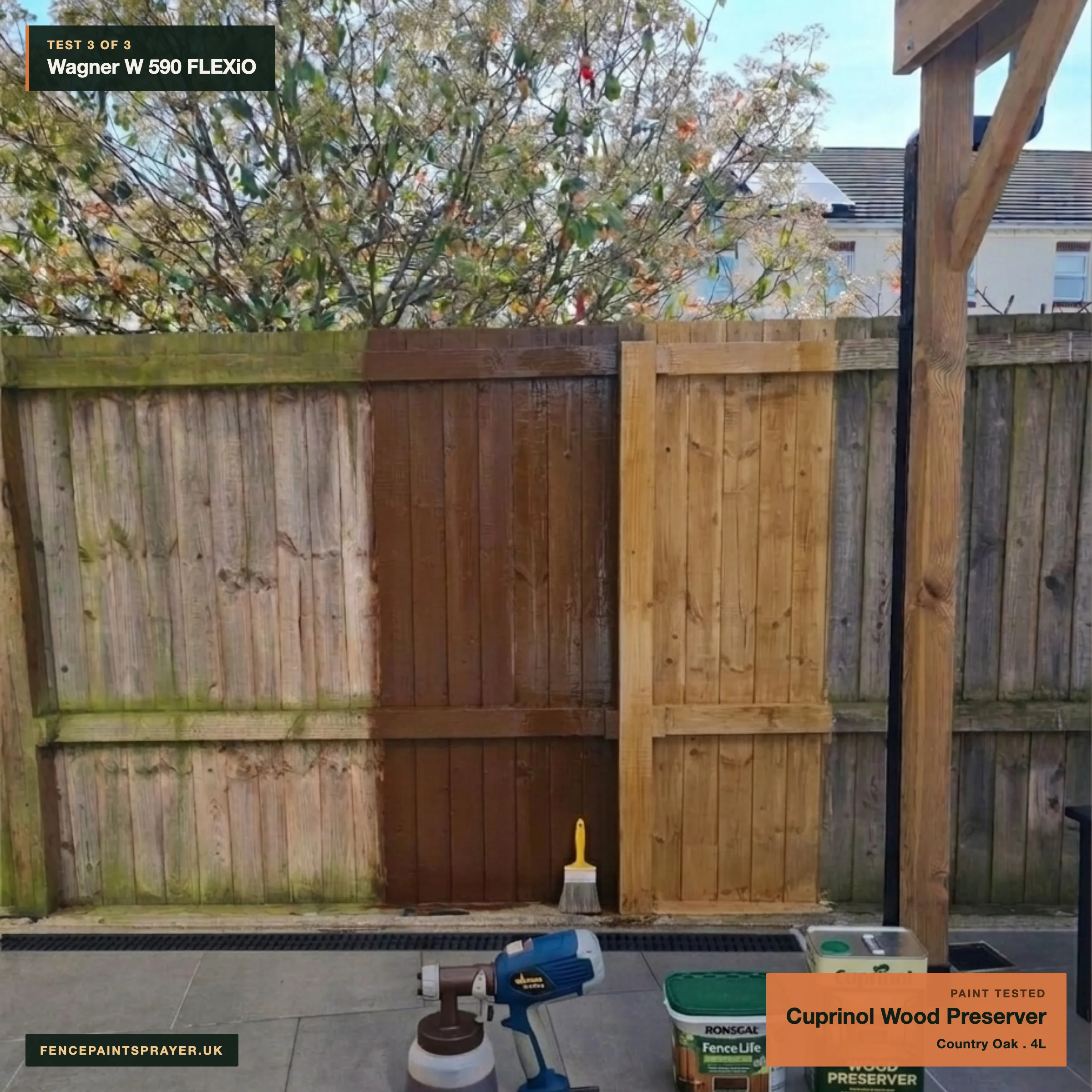 Wagner W 590 FLEXiO test strip sprayed with Cuprinol Country Oak Wood Preserver as the third paint