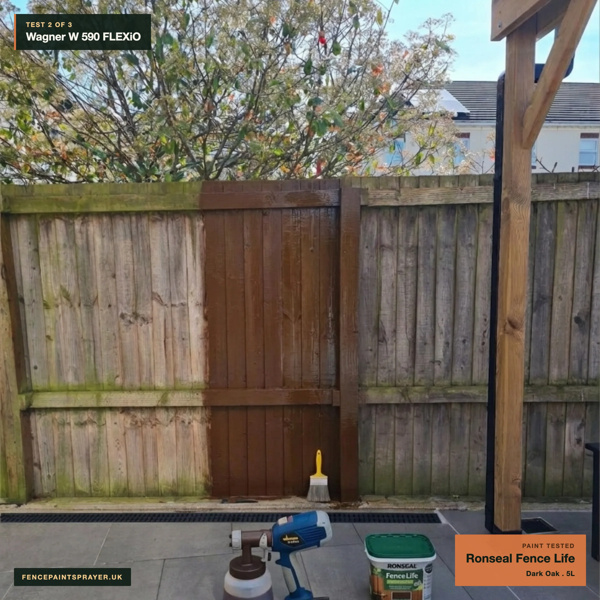Wagner W 590 FLEXiO test strip sprayed with Ronseal Fence Life Dark Oak next to the Ducksback strip