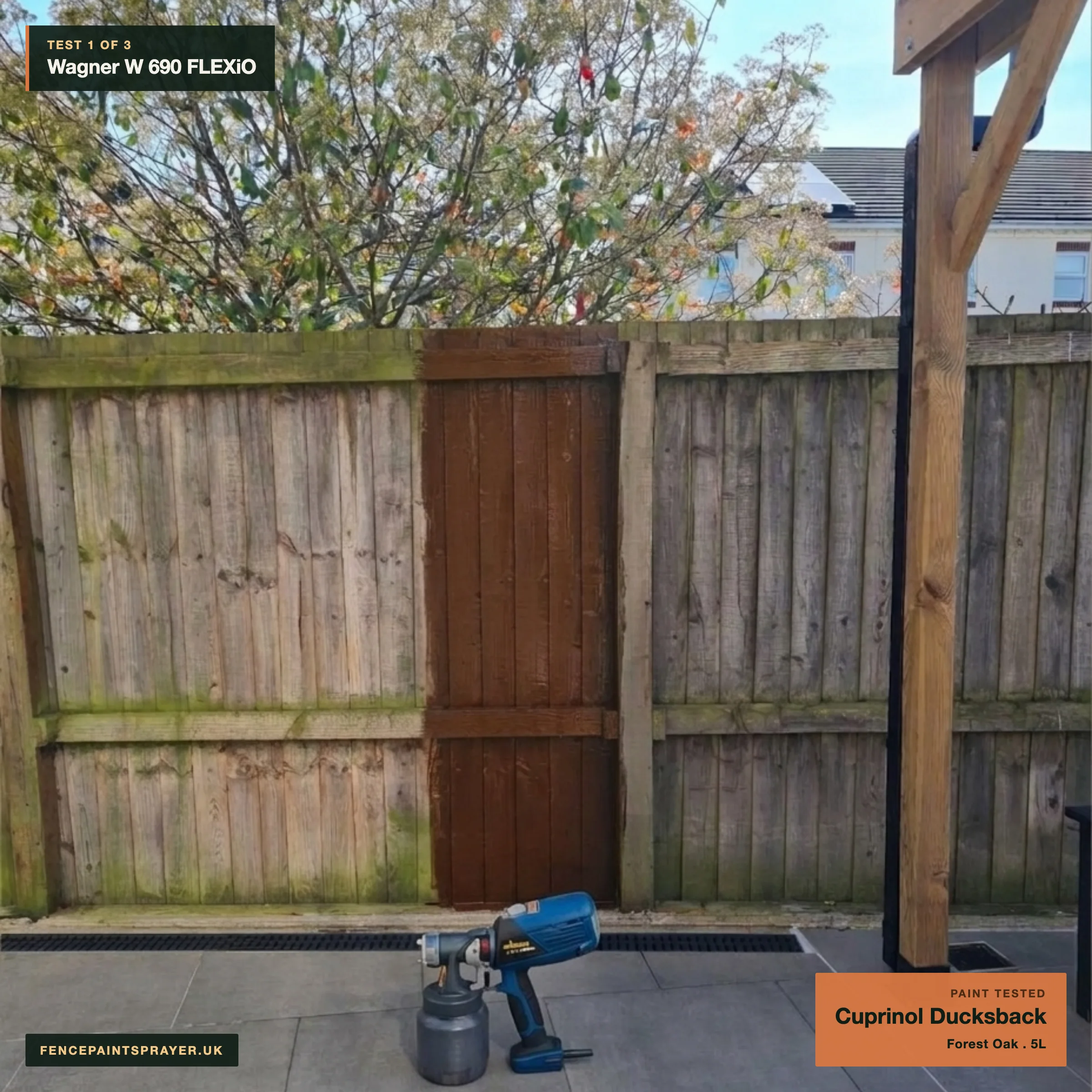 Wagner W 690 FLEXiO test strip sprayed with Cuprinol Ducksback on the workshop fence