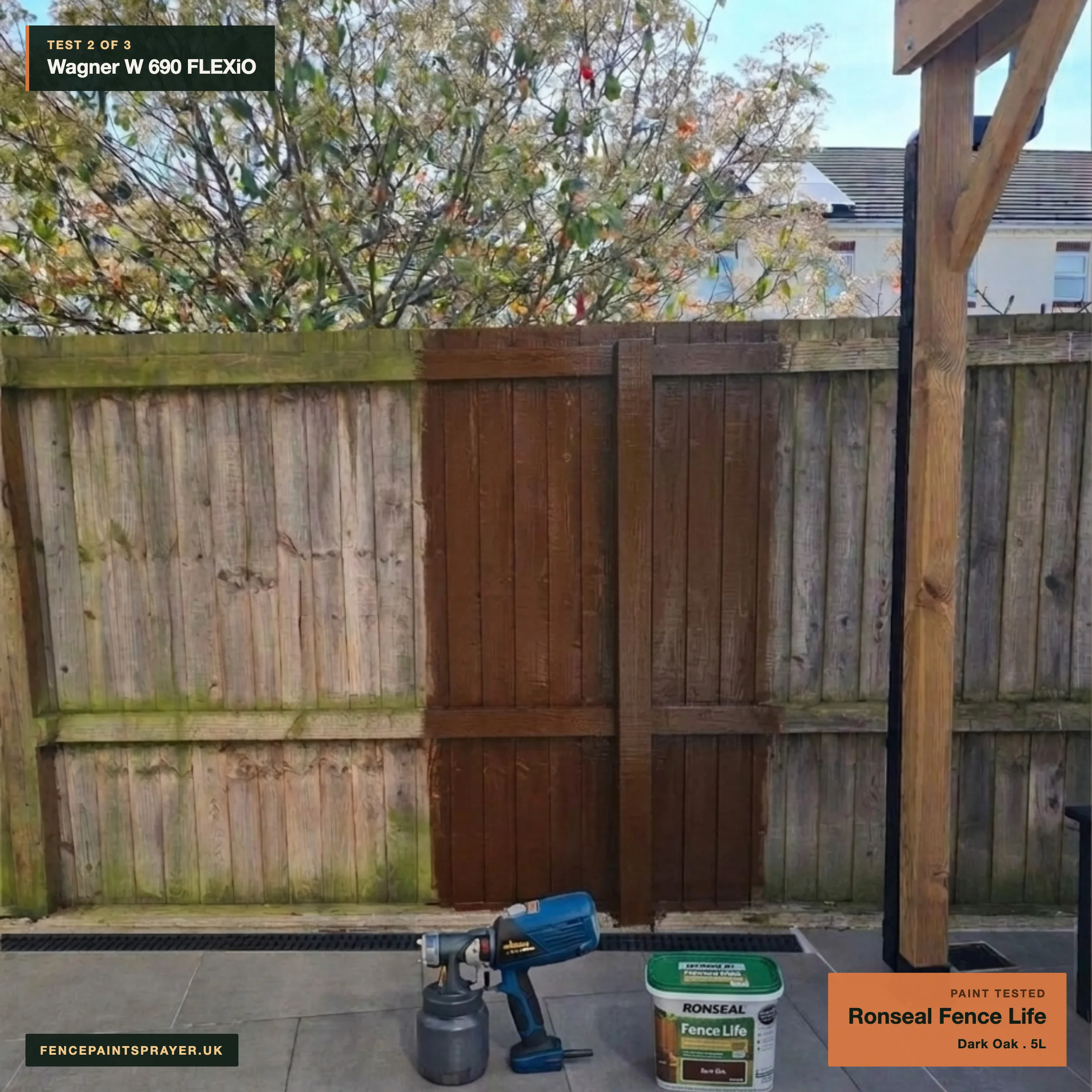 Wagner W 690 FLEXiO test strip sprayed with Ronseal Fence Life on the workshop fence